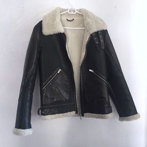 Zara Black & Brown Faux Leather Shearling Jacket M